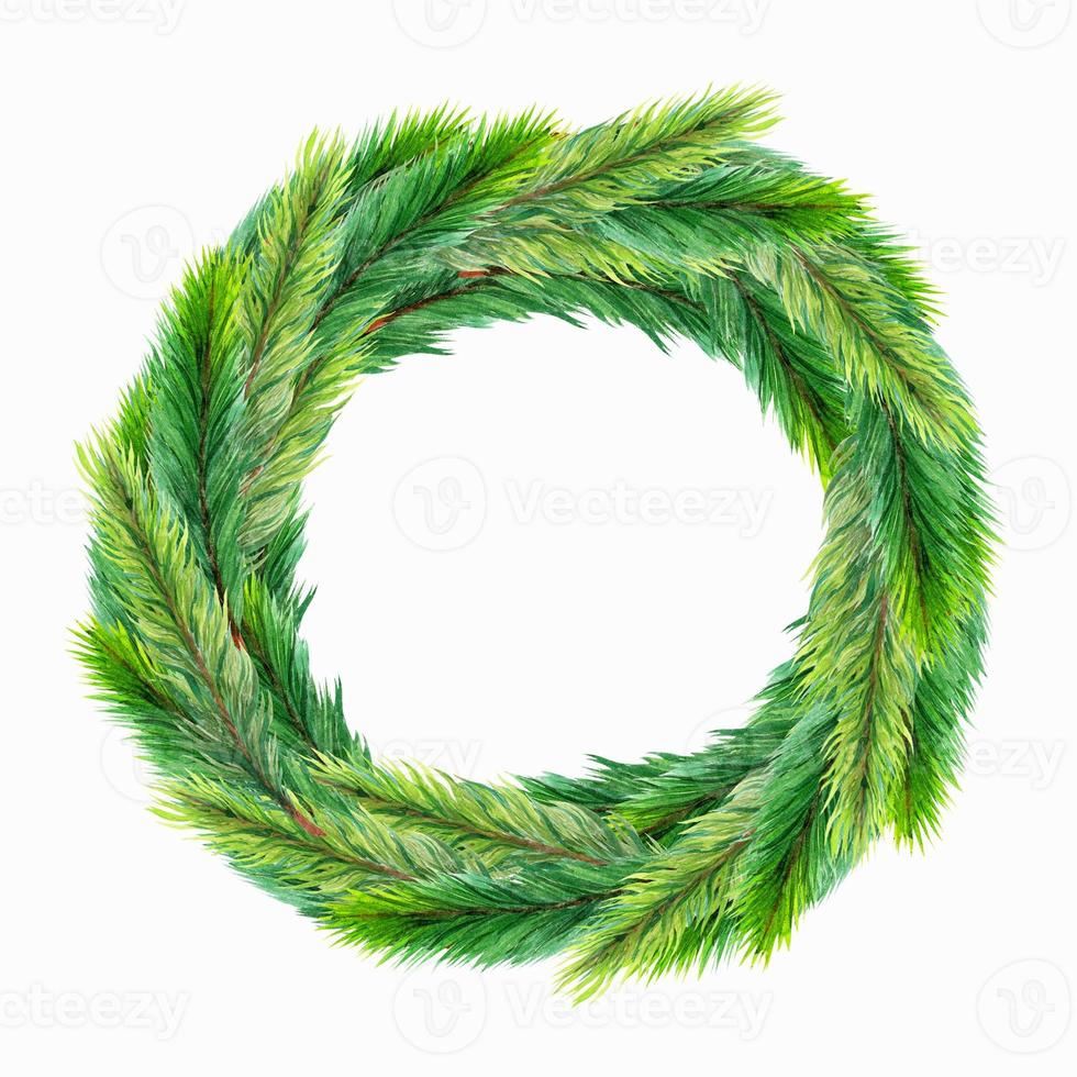 Watercolor wreath for Christmas, New Year, seasonal holidays. Hand-drawn illustration isolated on white background. Festive garland of evergreen coniferous plants - spruce, fir, pine, cedar branches. photo