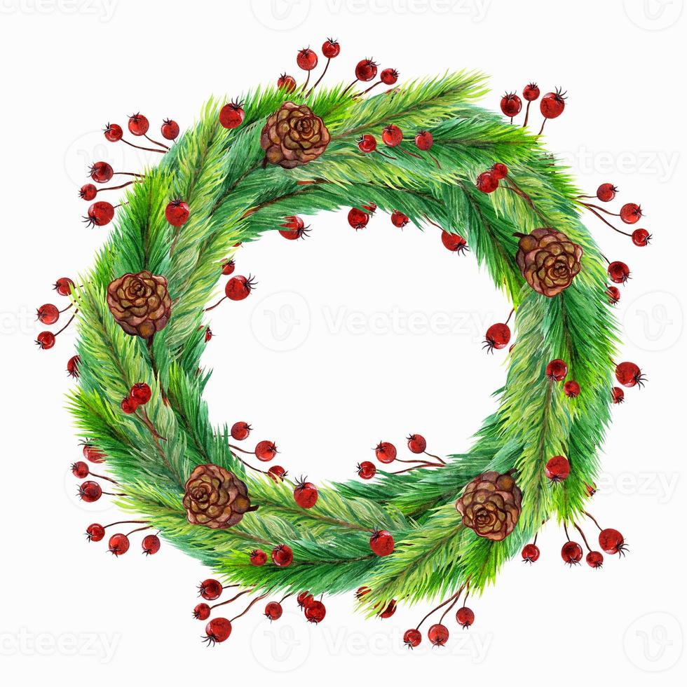 Watercolor wreath for Christmas, New Year. Hand-drawn illustration isolated on white background. Festive garland of coniferous plants - spruce, fir, pine branches decorated with cones, holly berries. photo