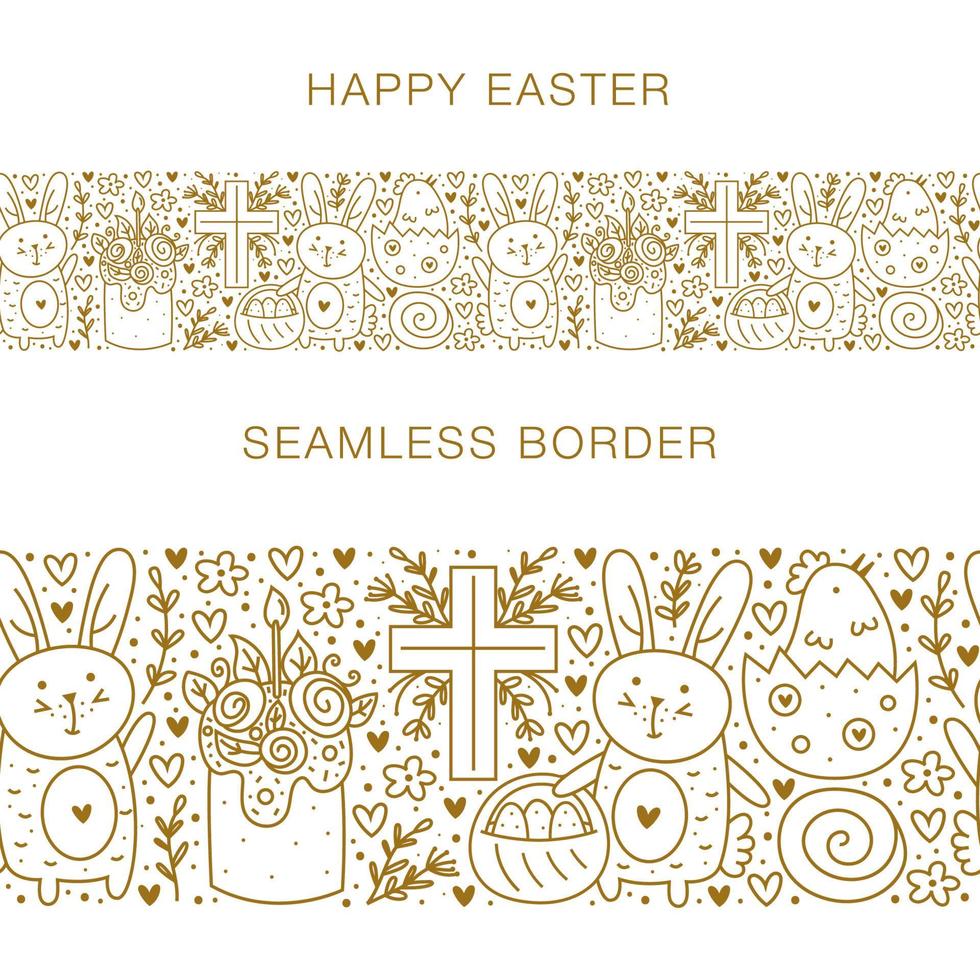 Happy Easter doodle line art elements Rabbit bunny christian cross cake chicken egg hen flower sun Isolated on white background Seamless border banner vector