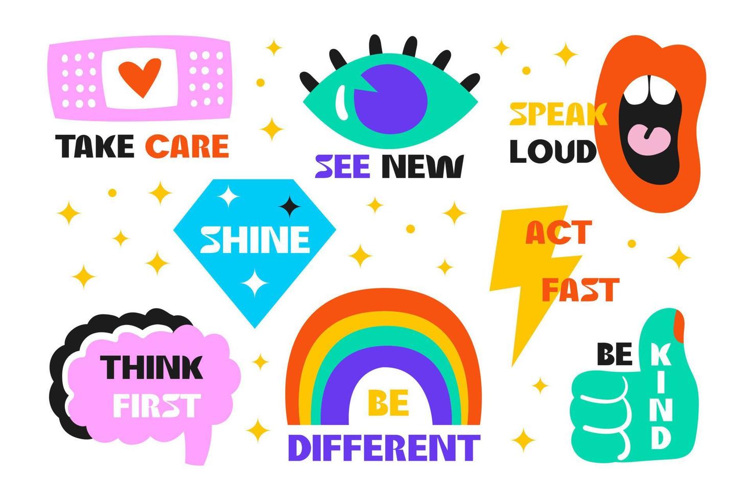Modern trendy stickers set with motivational phrases Eye mouth brain flash like diamond rainbow Bright colors Social issues Personal support Mental health vector