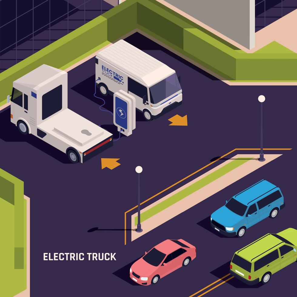 camiones eléctricos cargando composición isométrica. vector