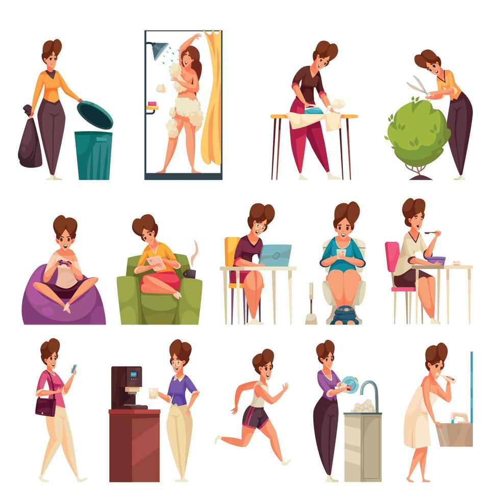 Daily Woman Routine Flat Set vector