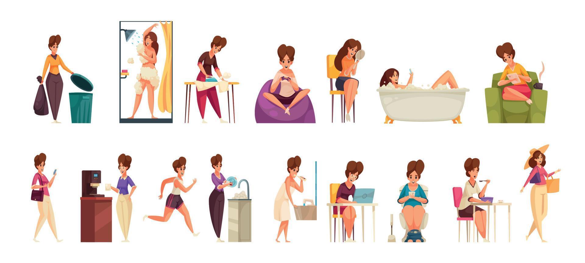 Daily Woman Routine Cartoon Set vector