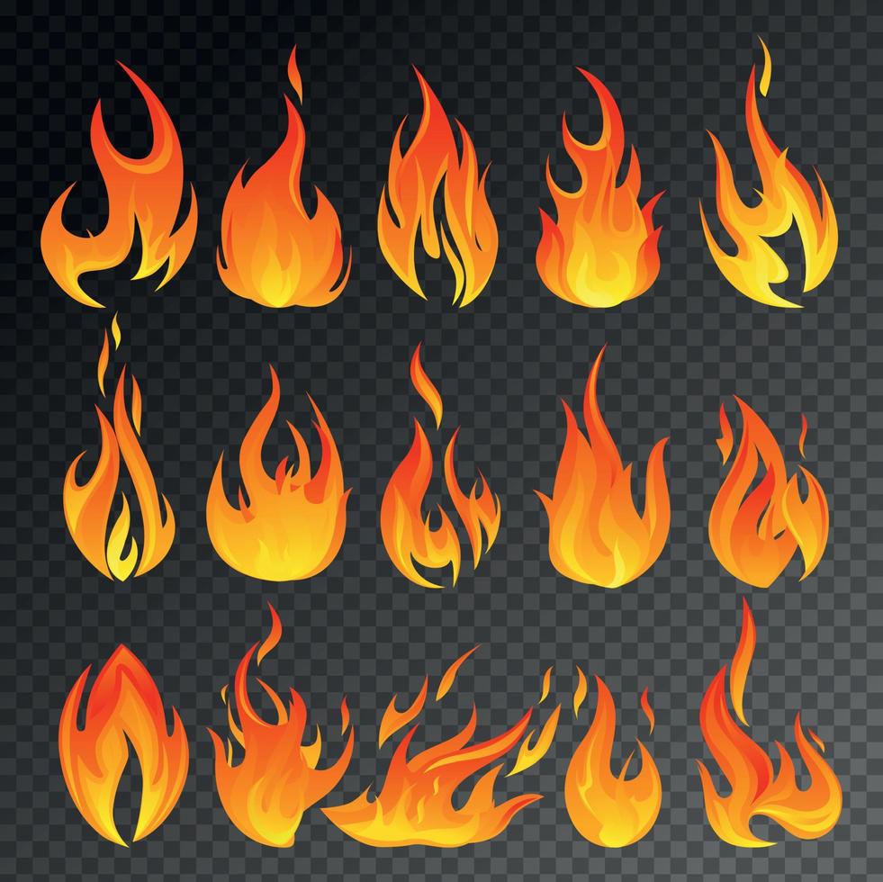 fuego llama transparente conjunto de iconos vector