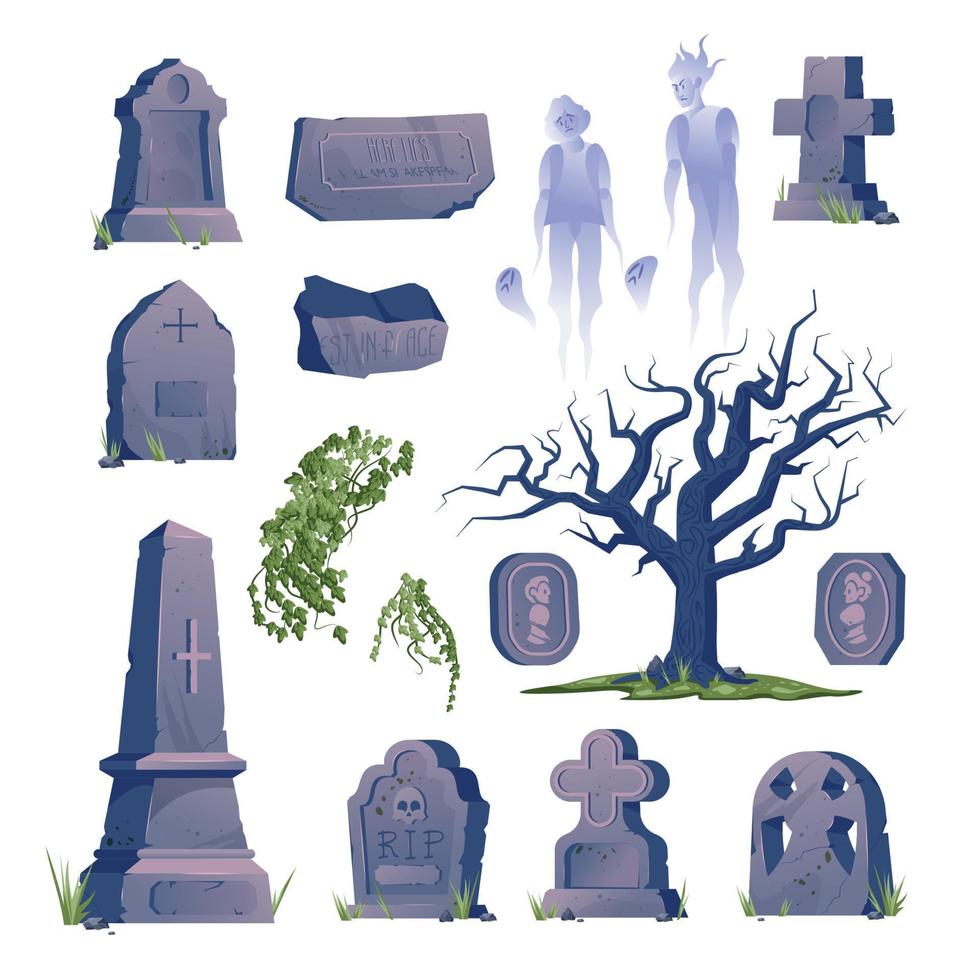 cementerio, lápida, viejo, icono, conjunto vector