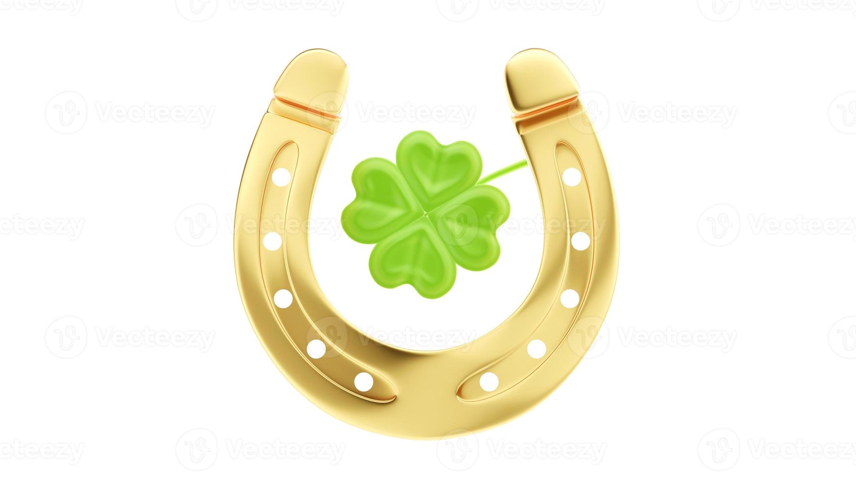 Horseshoe with lucky clover on white background. 3d illustration photo