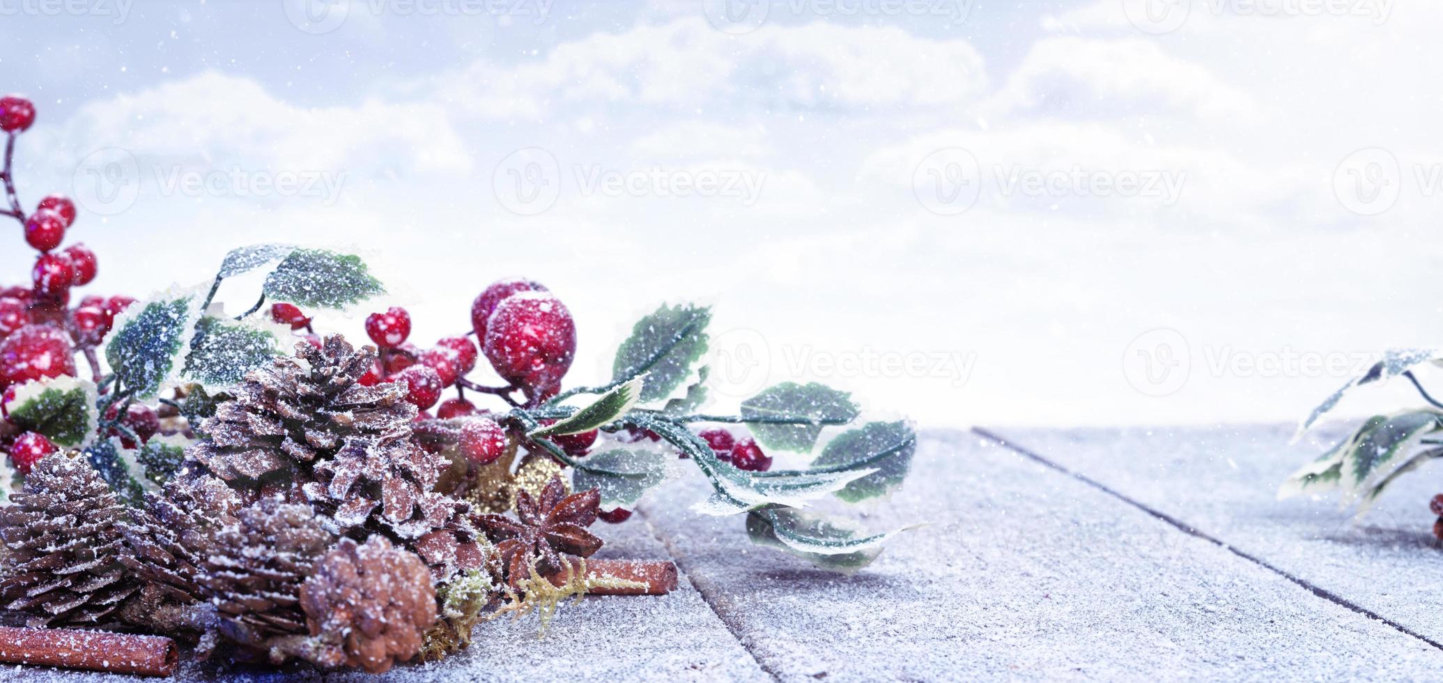 Christmas holidays scenic background with wooden table and christmas decoration. photo