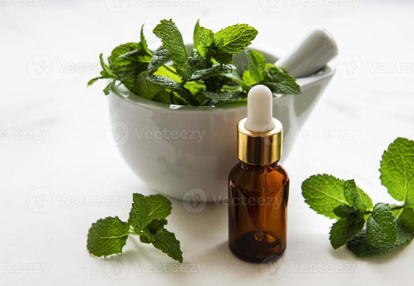 Mint oil and fresh mint in mortar photo