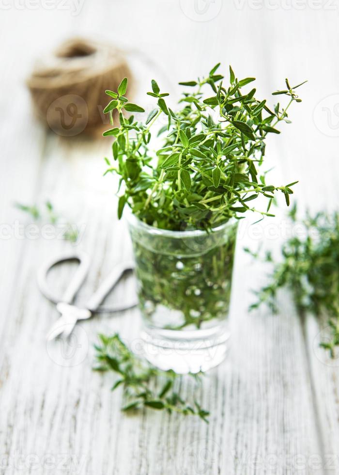 Close up view of thyme bunch. Green thyme in a glass photo