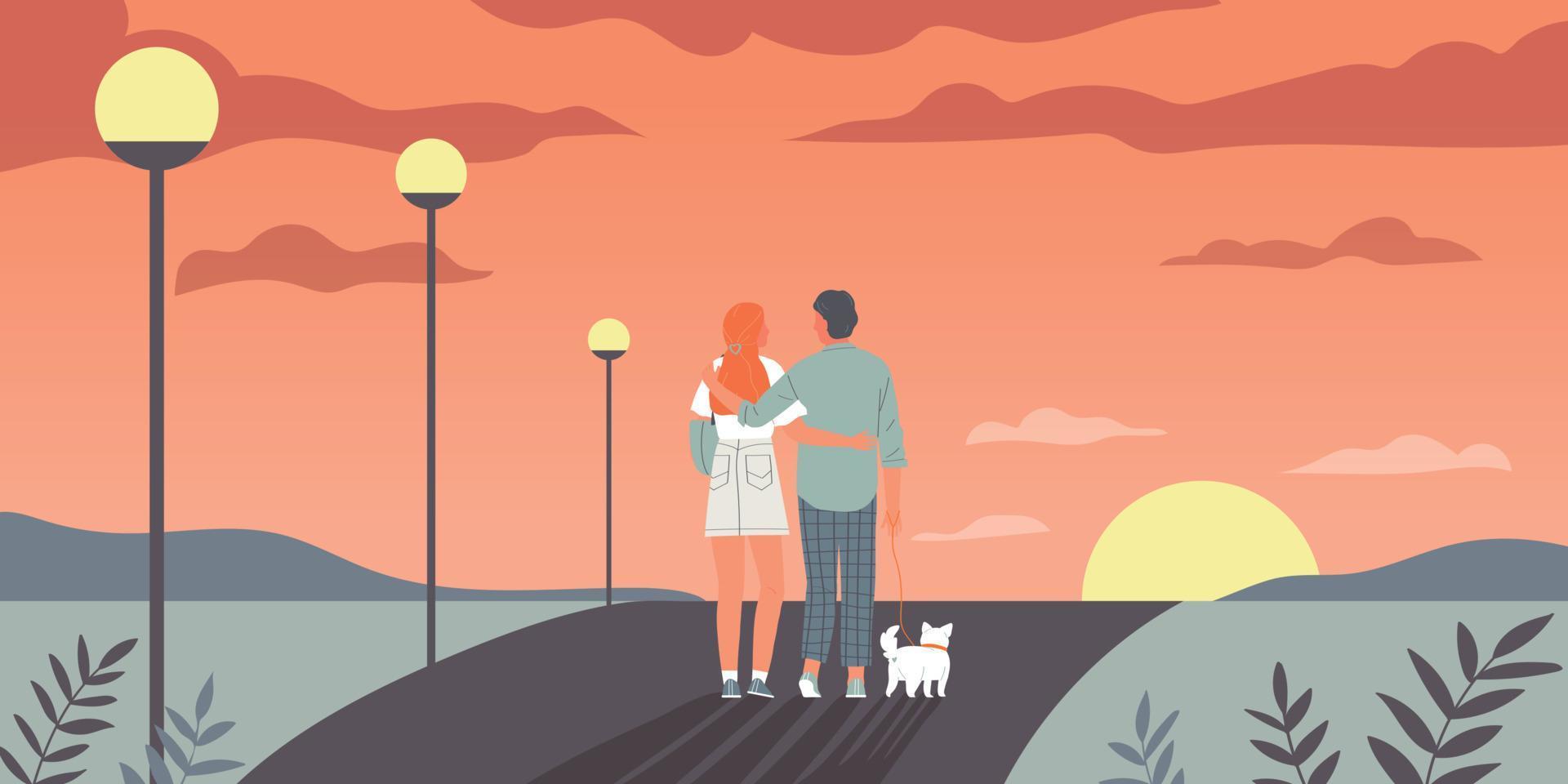 Couple Walking Dog Composition vector