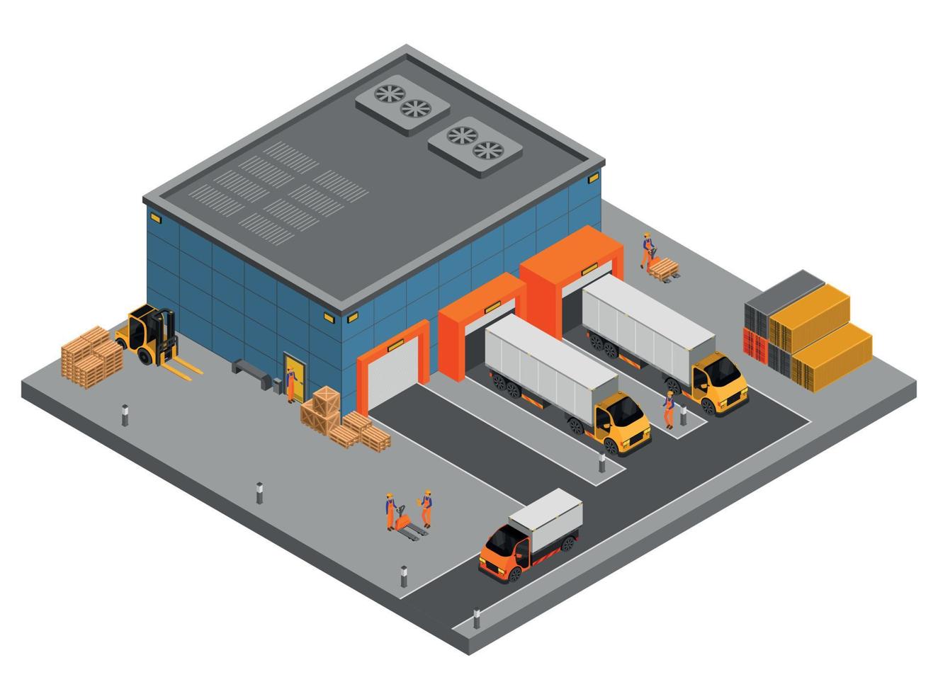 composición isométrica de camiones de almacén vector