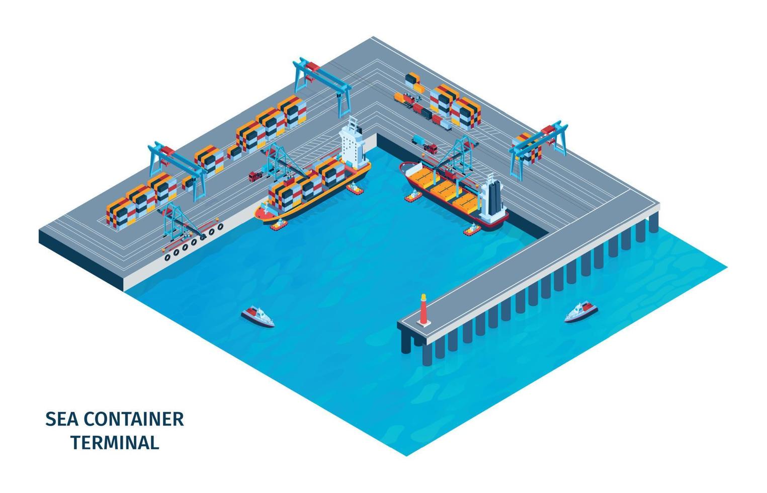 ilustración isométrica de la terminal de contenedores marítimos vector