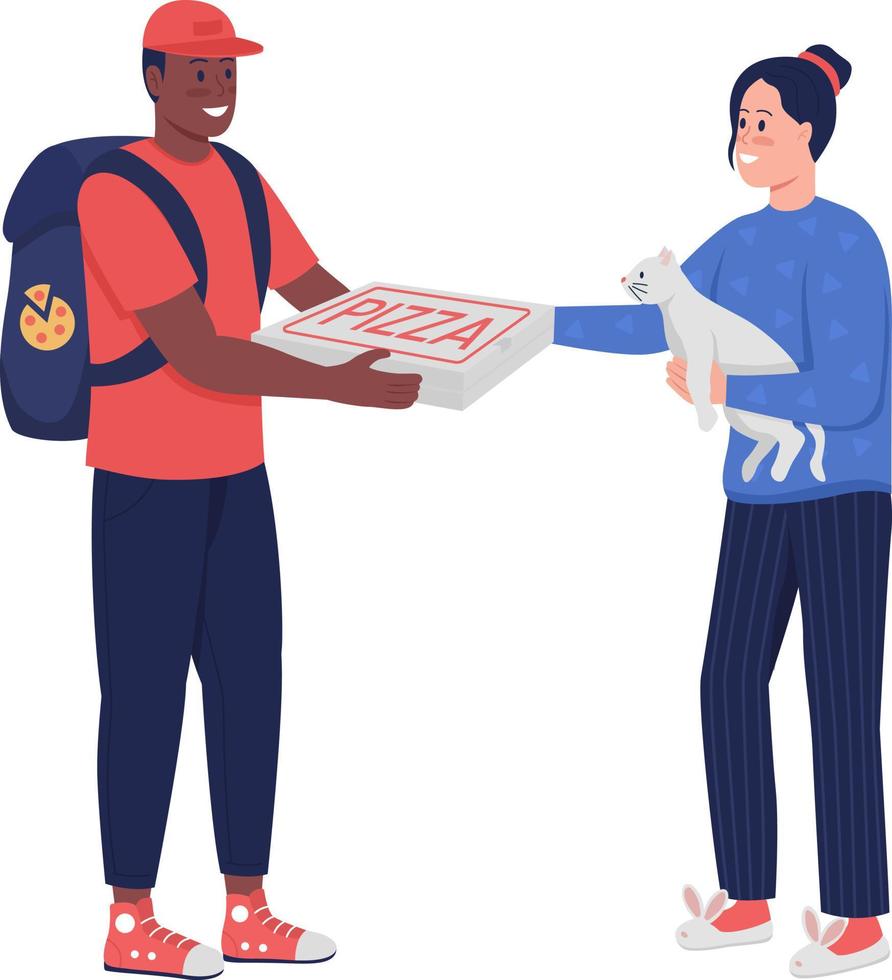 Courier giving pizza to woman semi flat color vector characters
