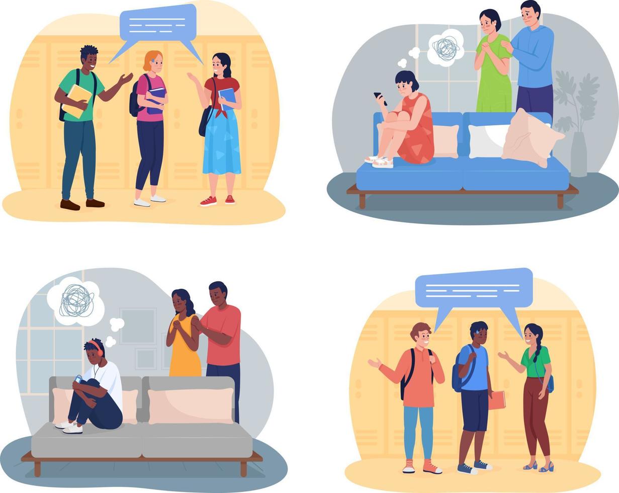 Teenager with social anxiety 2D vector isolated illustrations set
