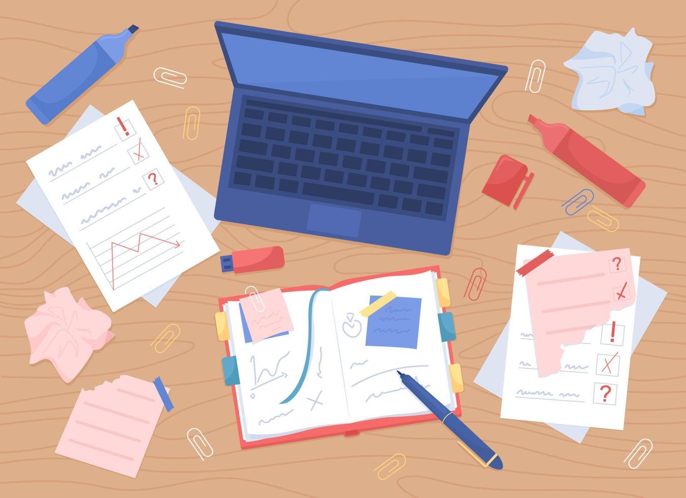 Messy workspace flat color vector illustration