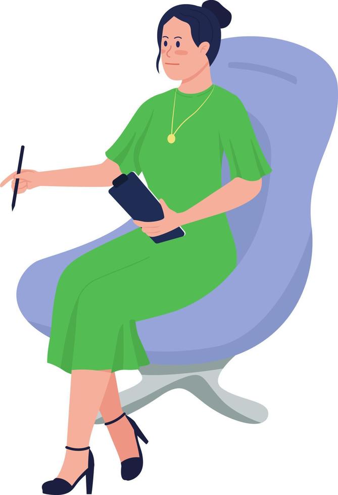 Pleased psychologist sitting on chair semi flat color vector character