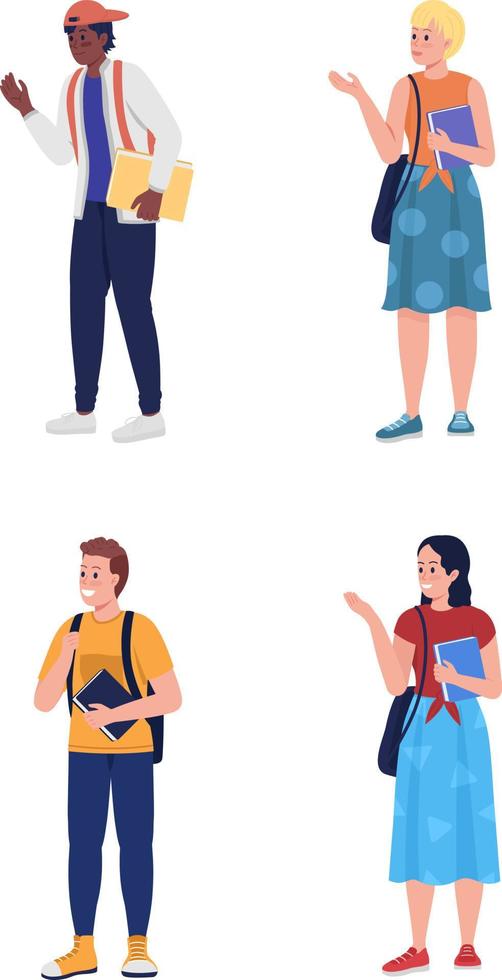 Friendly high schoolers semi flat color vector characters set