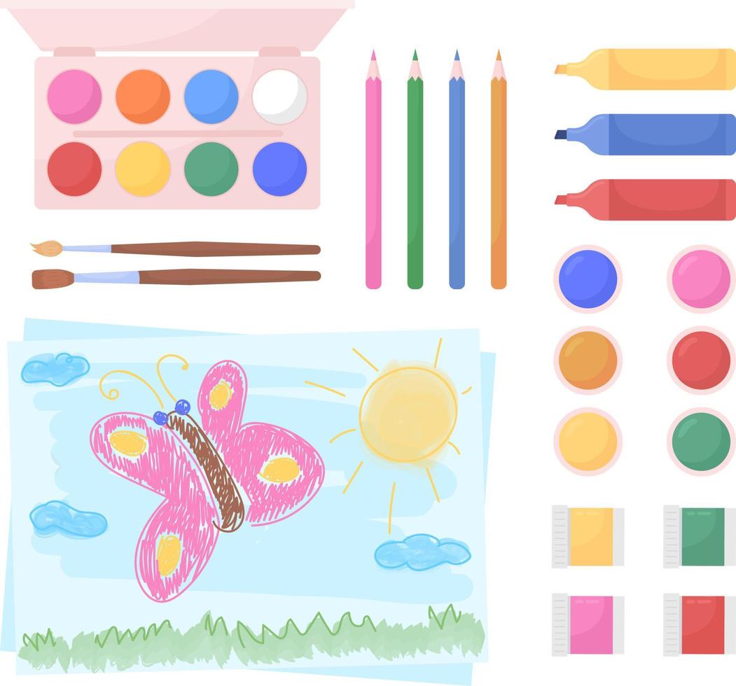 herramientas de dibujo para niños conjunto de objetos vectoriales de color semi plano vector