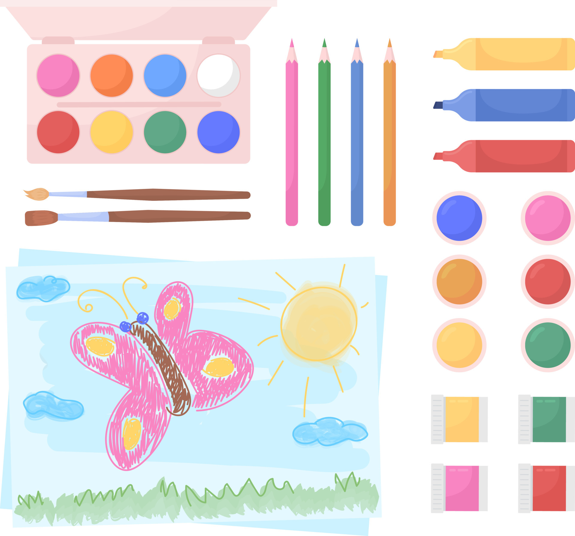 Drawing tools for children semi flat color vector object set