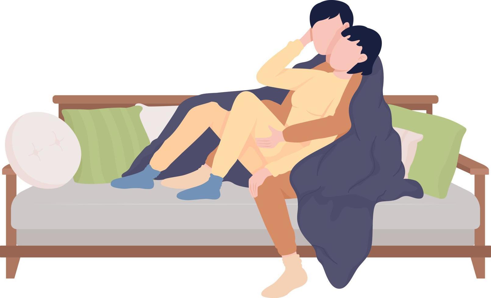 Couple together on sofa semi flat color vector characters