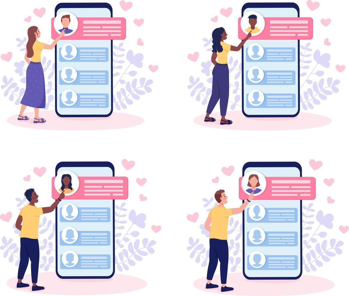 Select potential mates on dating app flat concept vector illustrations set