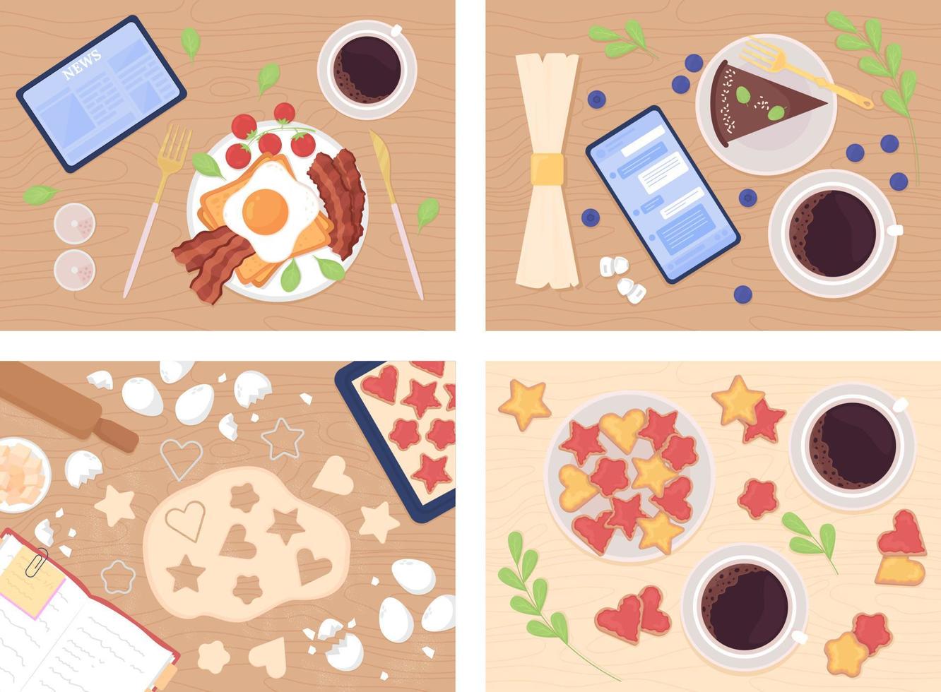 Eating and cooking flat color vector illustration set