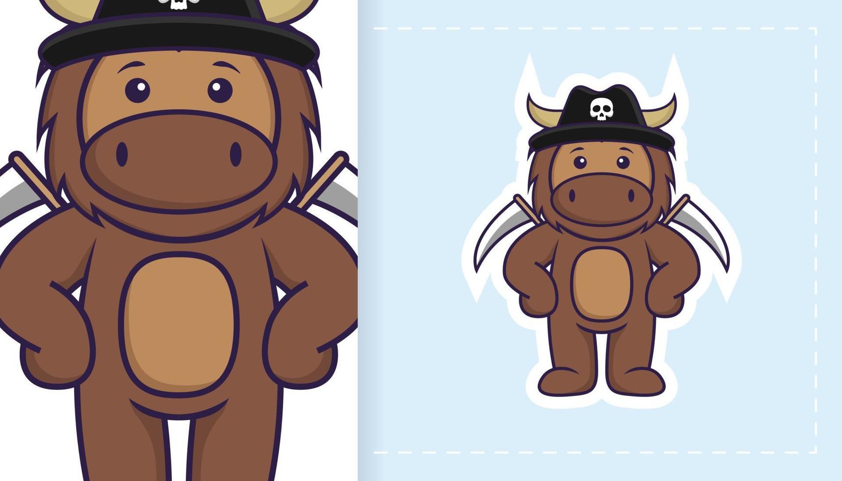 Cute bull mascot character. Can be used for stickers, patches, textiles, paper. Vector illustration