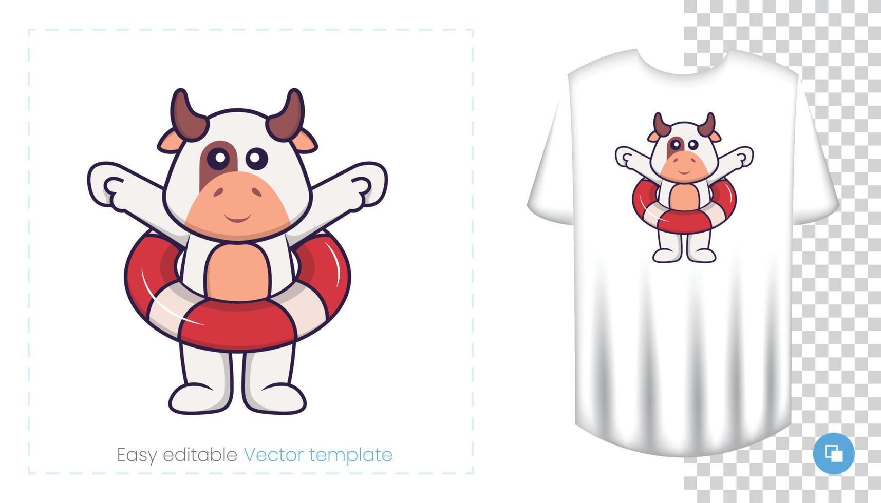 lindo personaje de vaca. estampados en camisetas, sudaderas, fundas para móviles, souvenirs. Ilustración de vector aislado sobre fondo blanco.