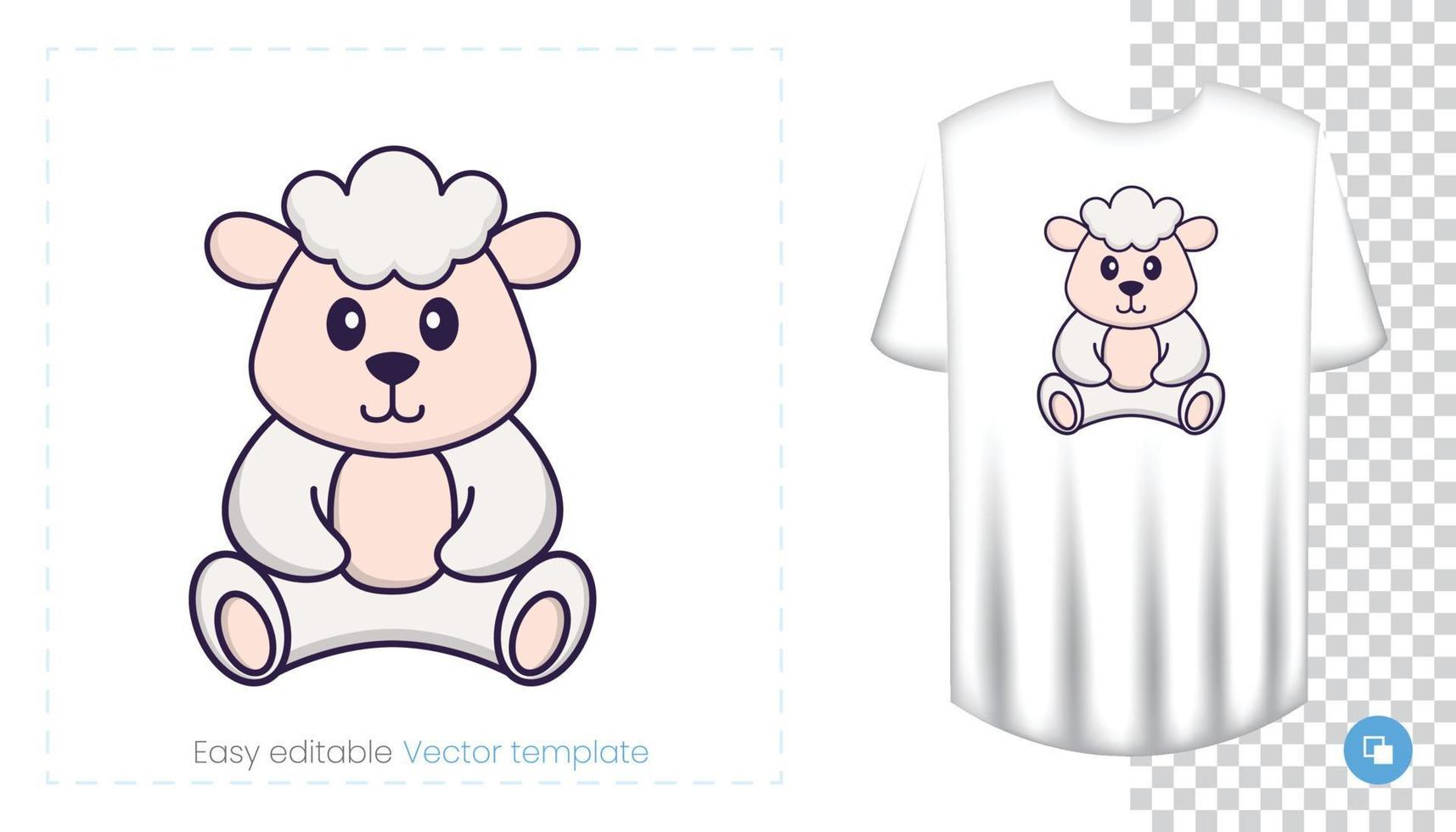 Cute sheep character. Prints on T-shirts, sweatshirts, cases for mobile phones, souvenirs. Isolated vector illustration on white background.