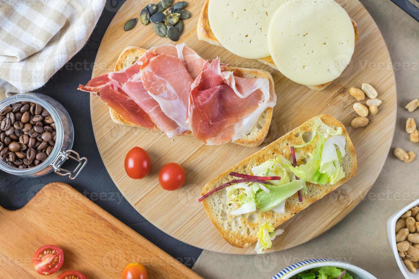 Delicious and healthy sandwiches with various toppings Italian ham