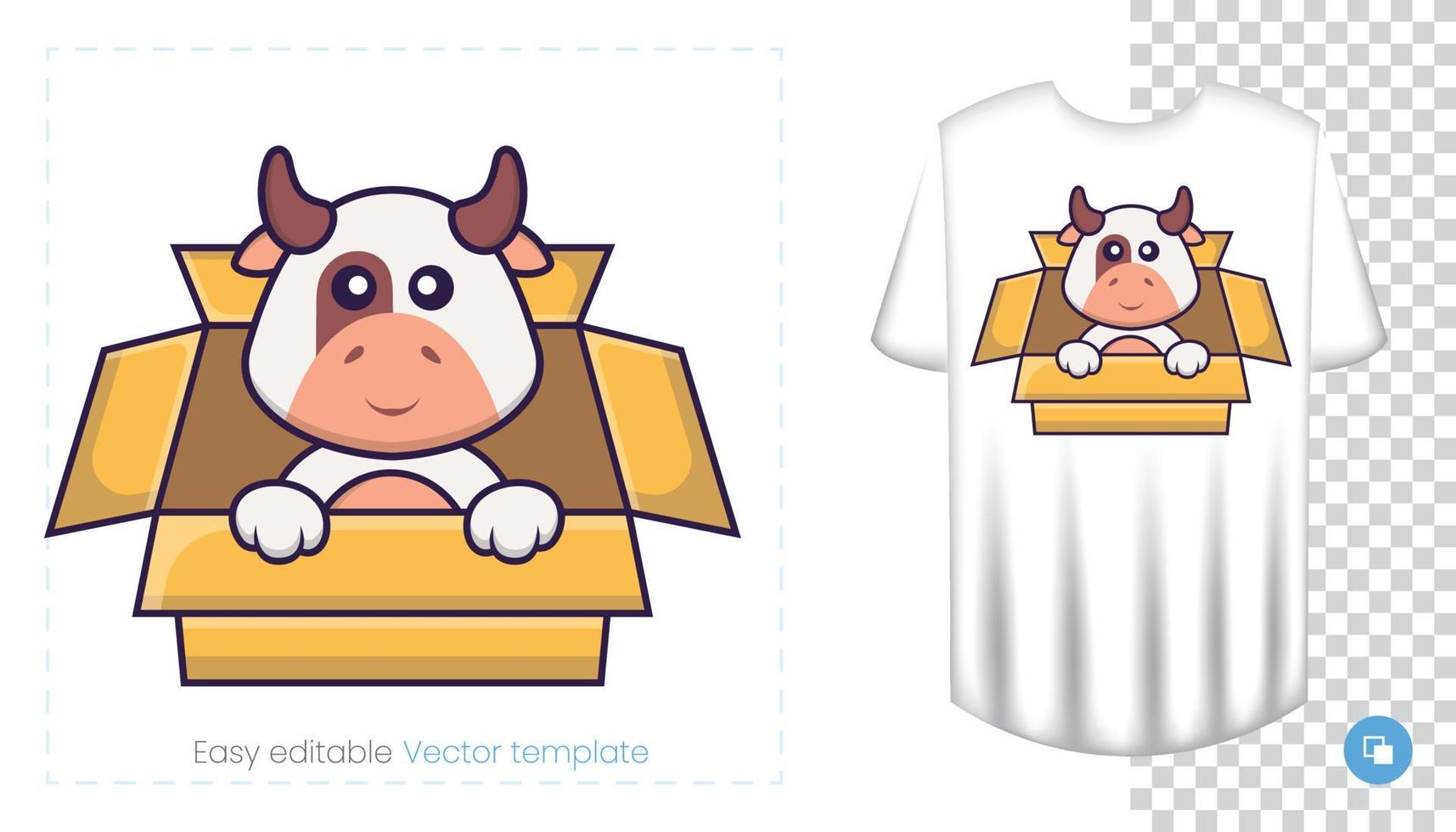 lindo personaje de vaca. estampados en camisetas, sudaderas, fundas para móviles, souvenirs. Ilustración de vector aislado sobre fondo blanco.