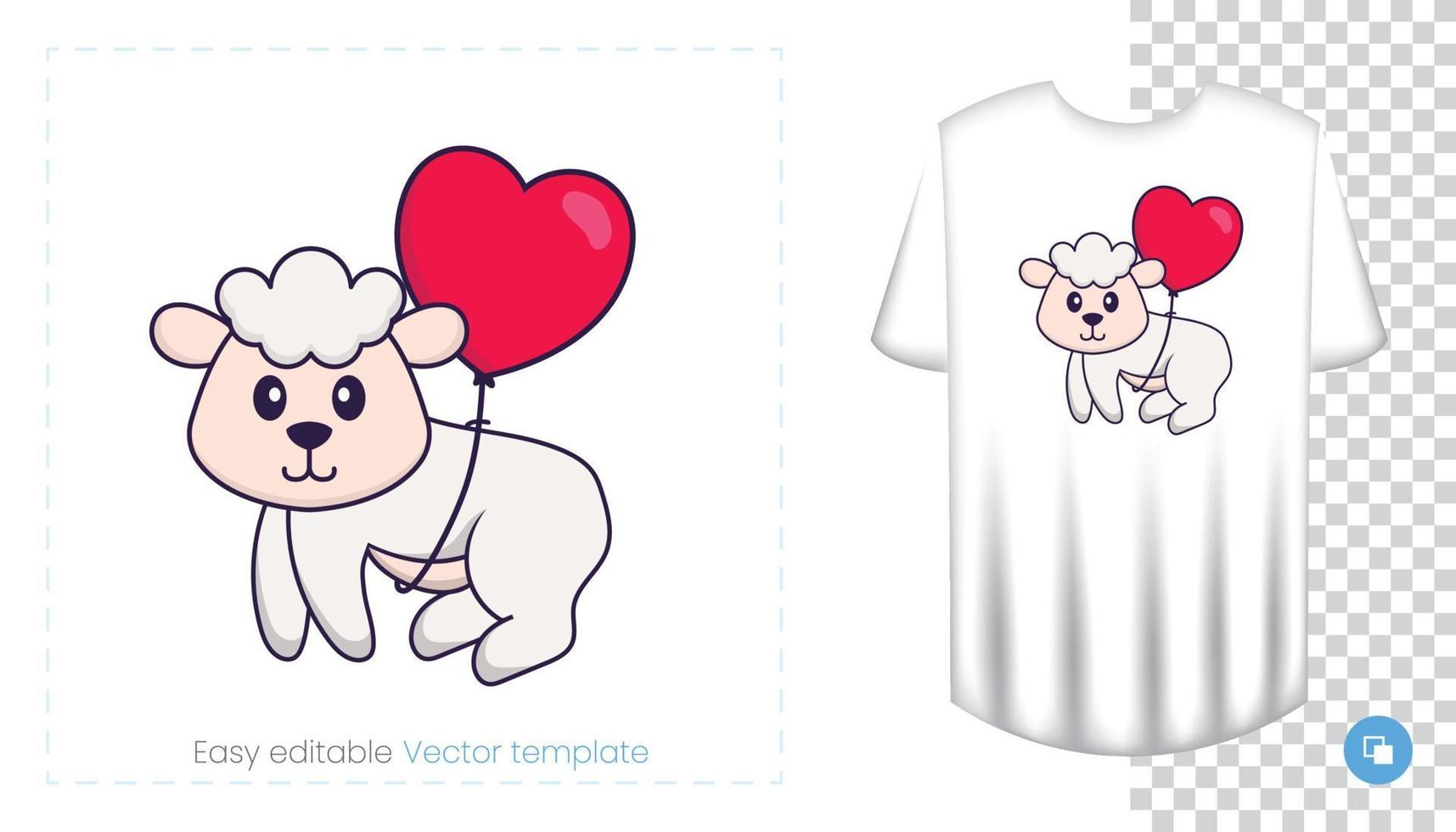 Cute sheep character. Prints on T-shirts, sweatshirts, cases for mobile phones, souvenirs. Isolated vector illustration on white background.