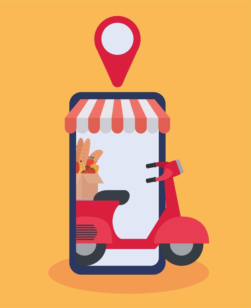 order online through a cell phone one delivery mortorbike with one box full of market products vector