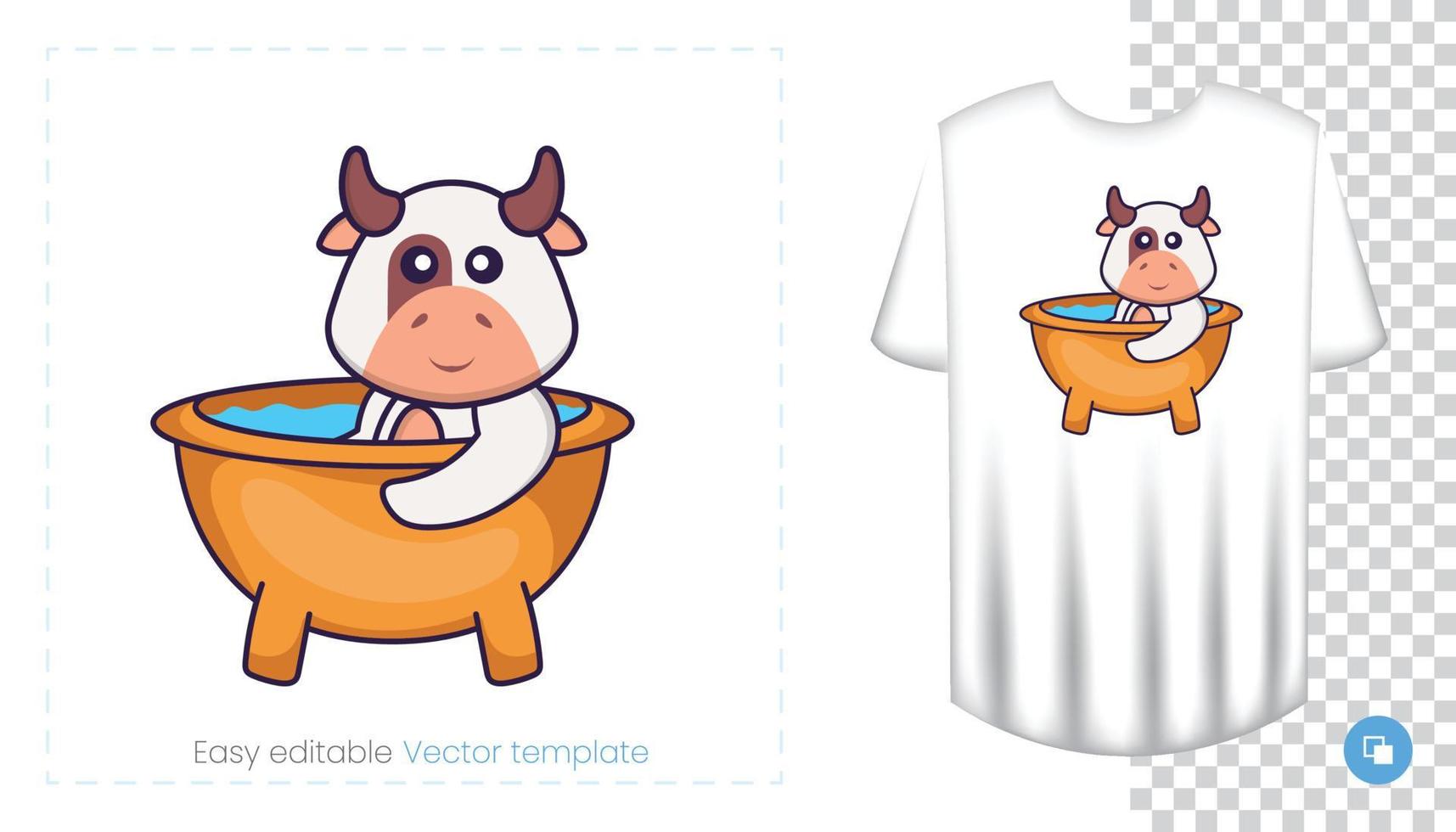 lindo personaje de vaca. estampados en camisetas, sudaderas, fundas para móviles, souvenirs. Ilustración de vector aislado sobre fondo blanco.