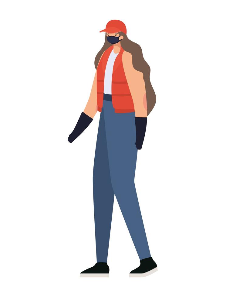 delivery woman with safety mask and one vest vector