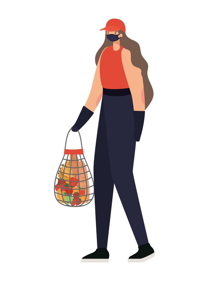 delivery woman with safety mask and one mesh bag full of market products vector