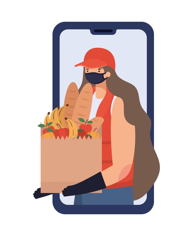 online ordering and delivery woman with safety mask and one paper bag full of market products on a phone vector