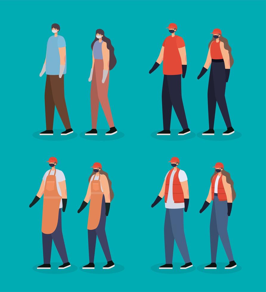 group of men and women with safety mask vector