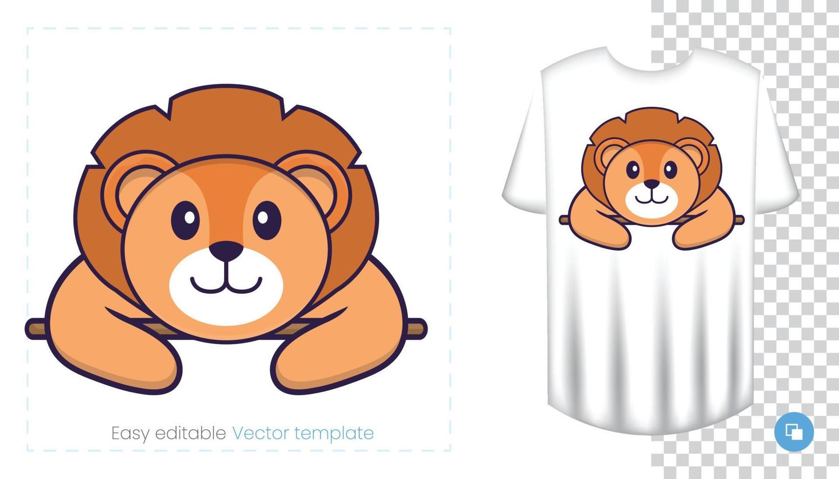 Cute lion character. Prints on T-shirts, sweatshirts, cases for mobile phones, souvenirs. Isolated vector illustration on white background.