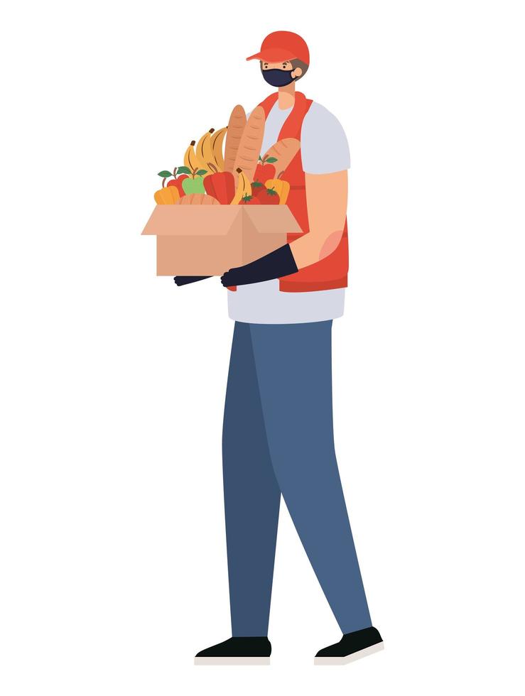 delivery man with safety mask and one box full of market products vector