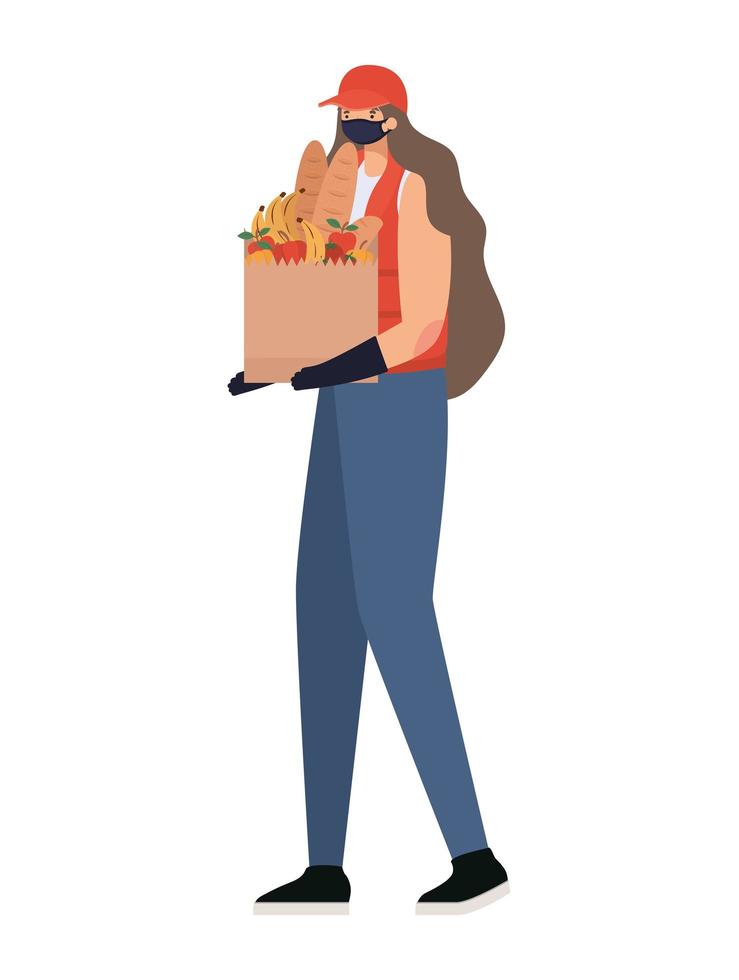 delivery woman with safety mask and one paper bag full of market products vector