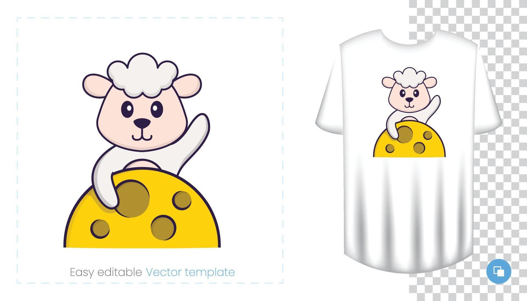 Cute sheep character. Prints on T-shirts, sweatshirts, cases for mobile phones, souvenirs. Isolated vector illustration on white background.