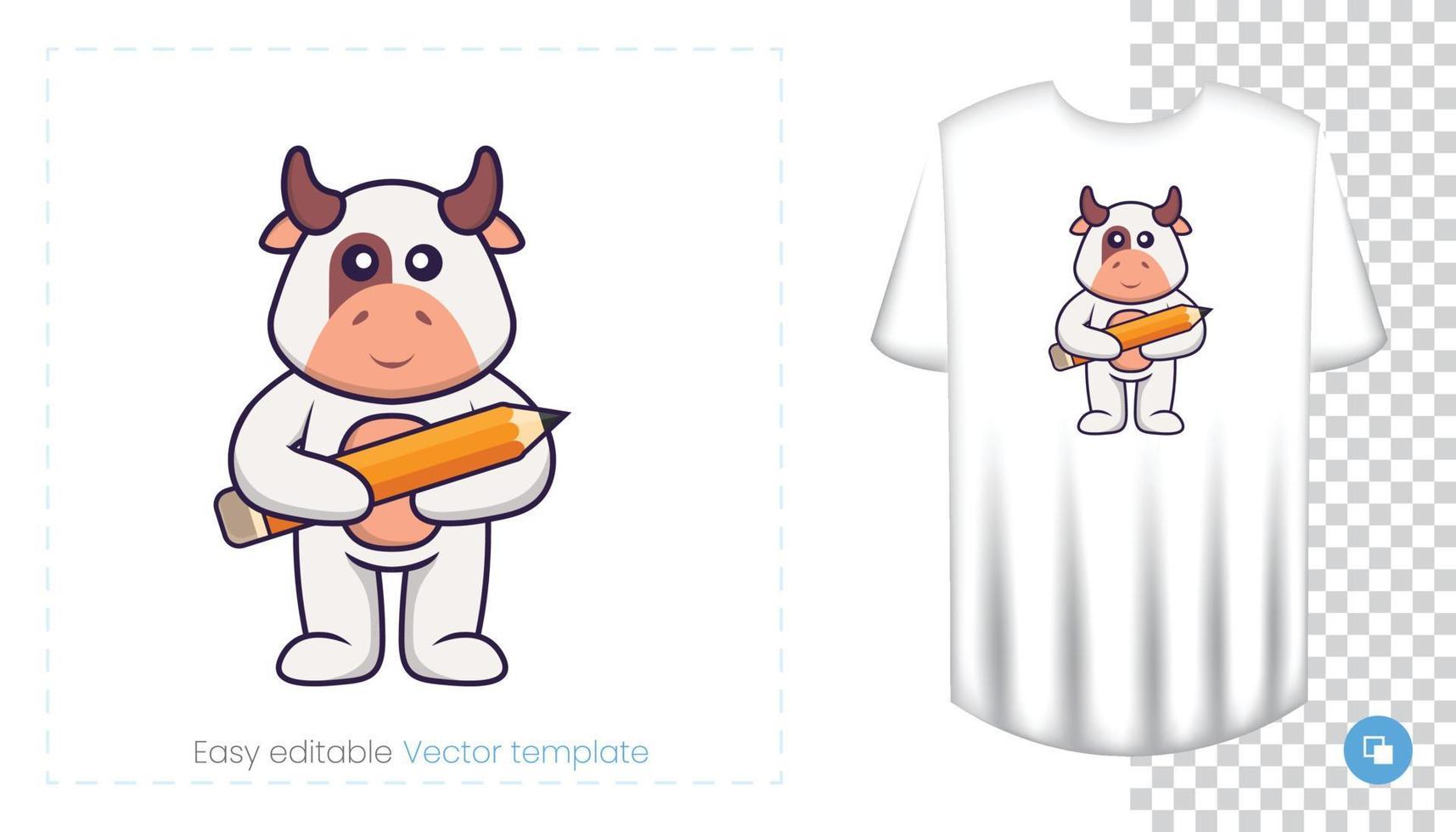 lindo personaje de vaca. estampados en camisetas, sudaderas, fundas para móviles, souvenirs. Ilustración de vector aislado sobre fondo blanco.