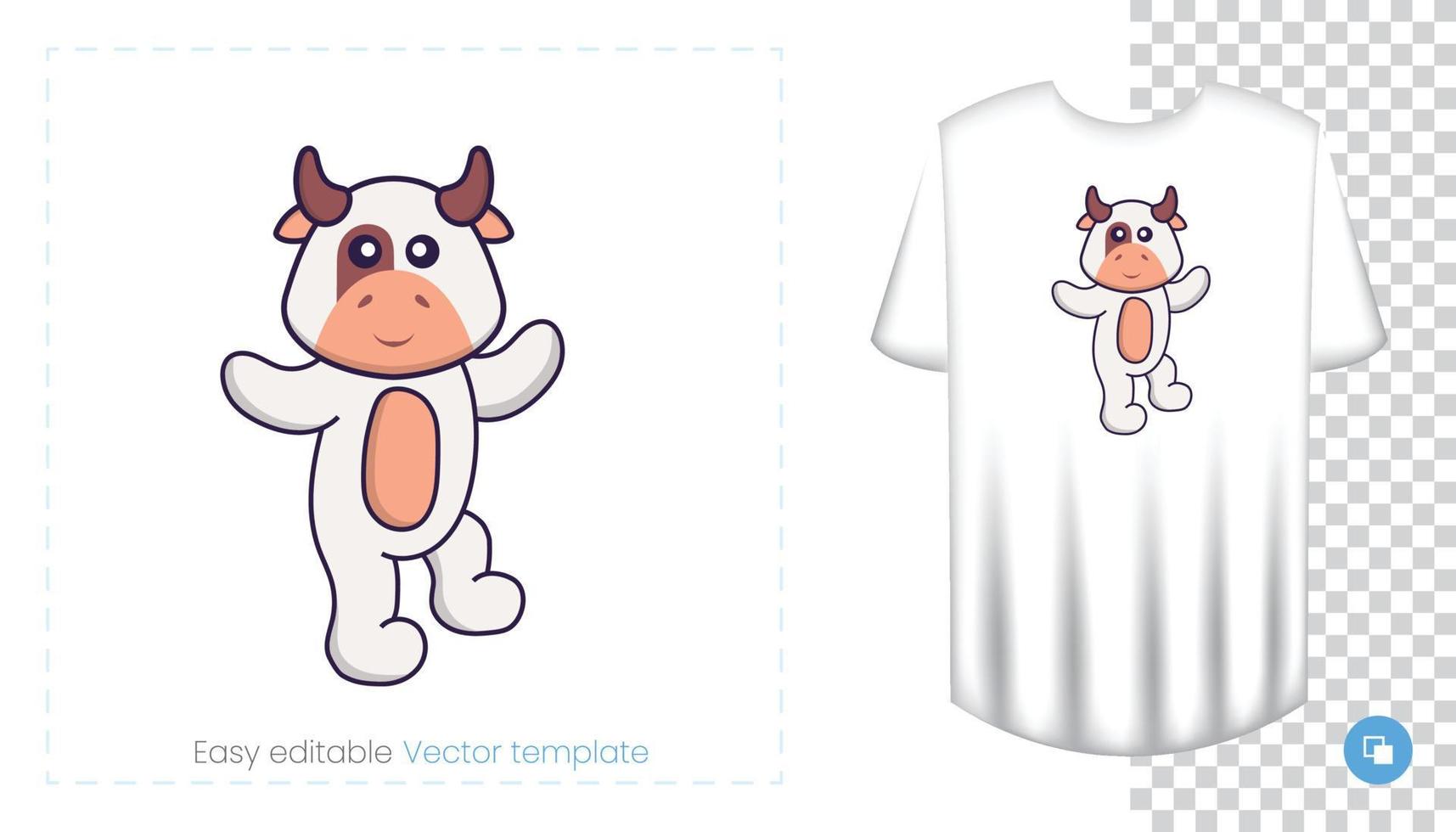 Cute cow character. Prints on T-shirts, sweatshirts, cases for mobile phones, souvenirs. Isolated vector illustration on white background.