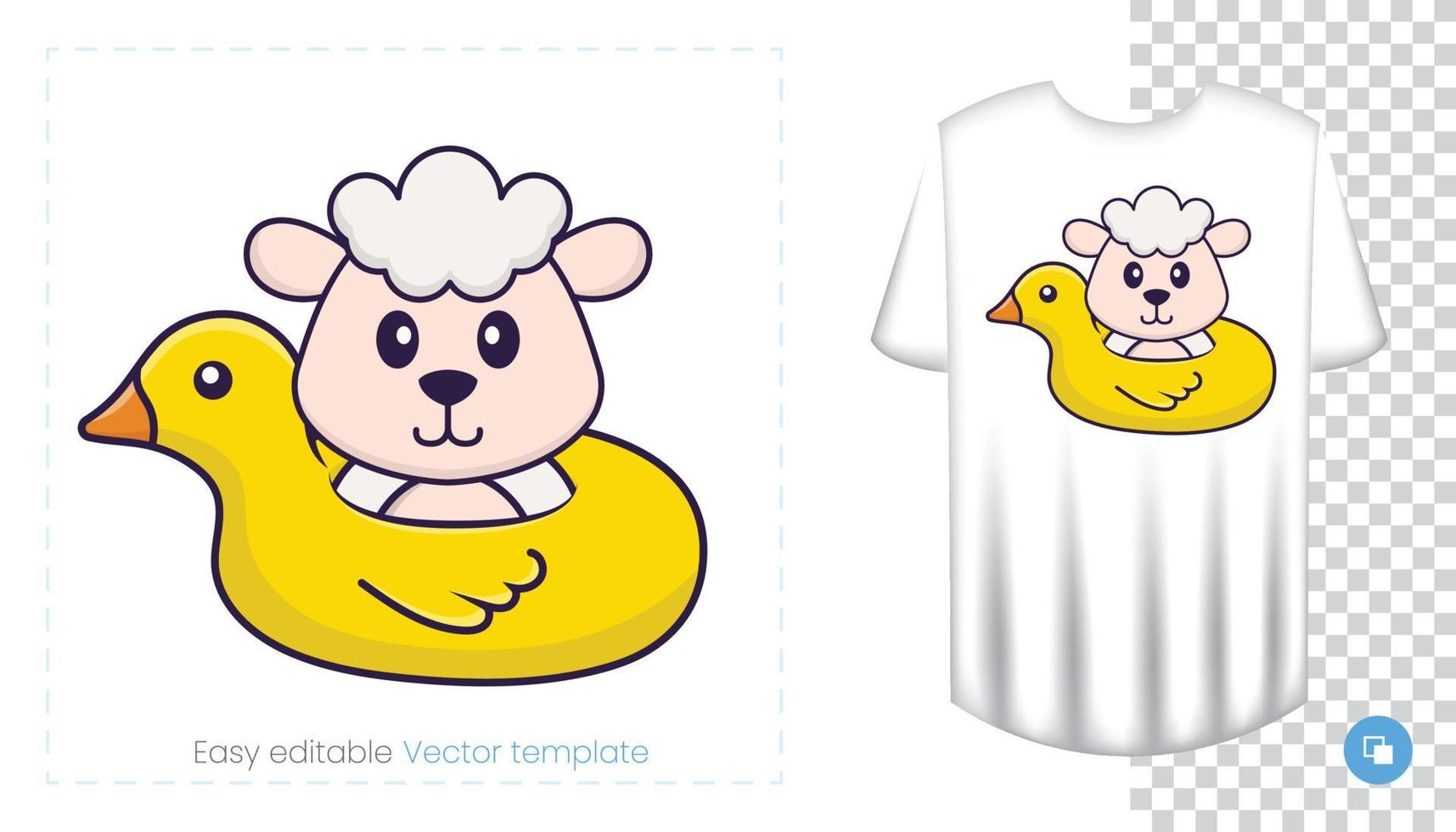 Cute sheep character. Prints on T-shirts, sweatshirts, cases for mobile phones, souvenirs. Isolated vector illustration on white background.