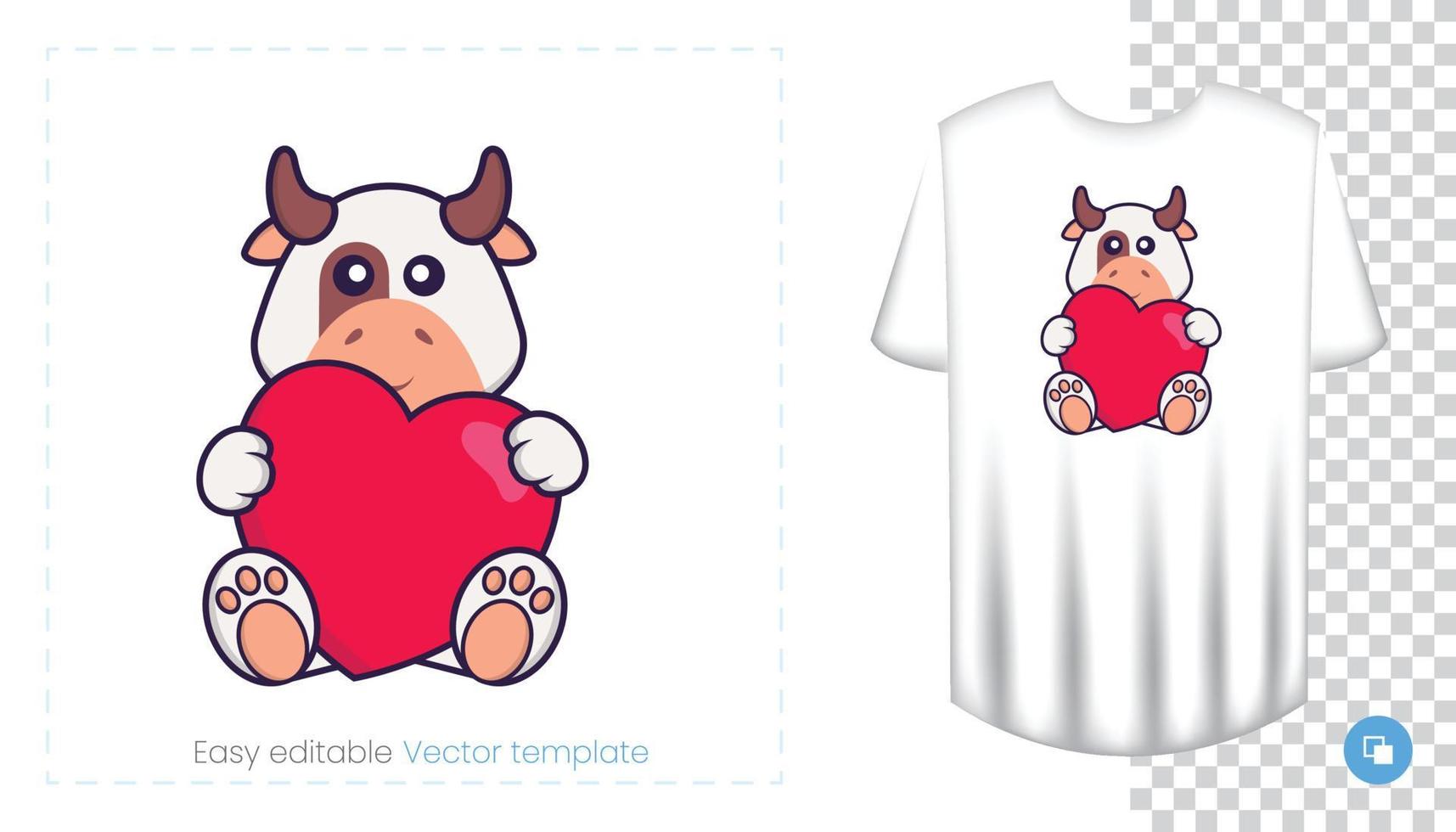 lindo personaje de vaca. estampados en camisetas, sudaderas, fundas para móviles, souvenirs. Ilustración de vector aislado sobre fondo blanco.