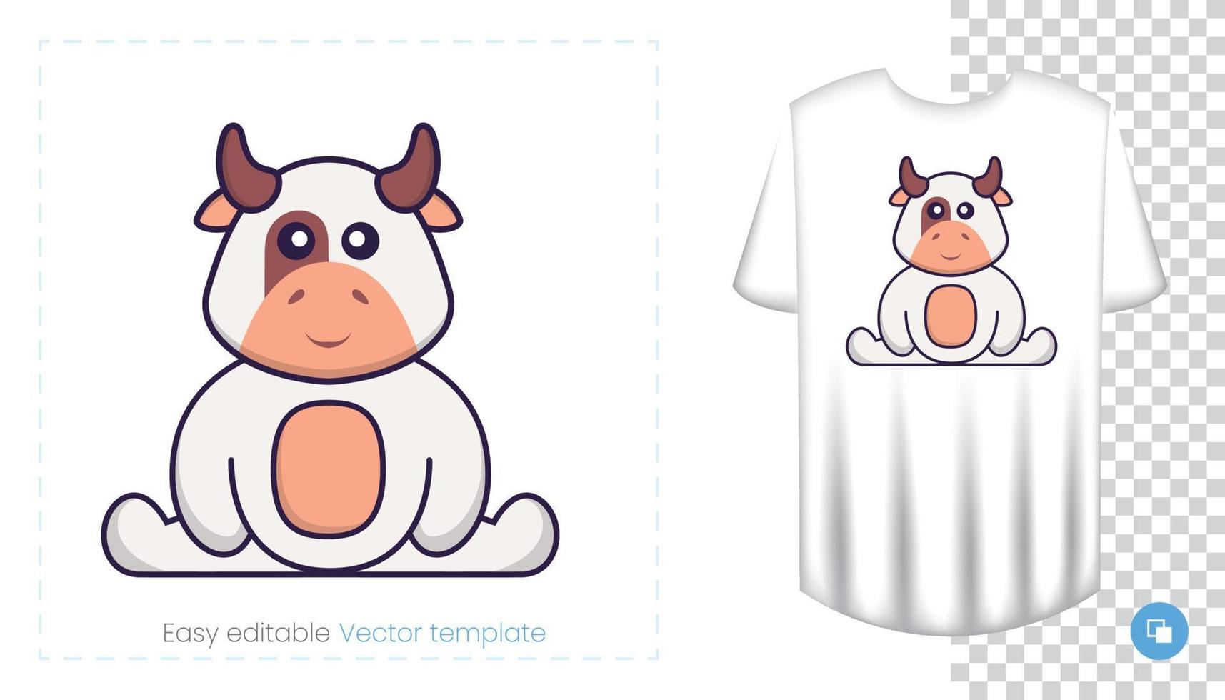 lindo personaje de vaca. estampados en camisetas, sudaderas, fundas para móviles, souvenirs. Ilustración de vector aislado sobre fondo blanco.