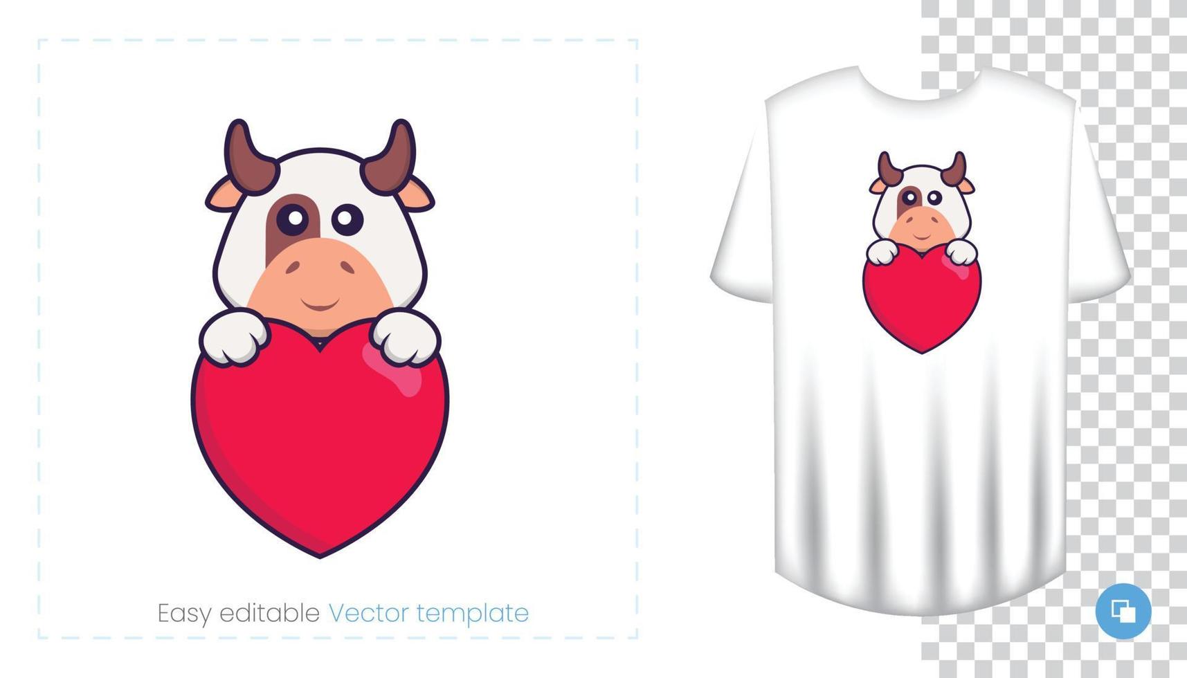 lindo personaje de vaca. estampados en camisetas, sudaderas, fundas para móviles, souvenirs. Ilustración de vector aislado sobre fondo blanco.