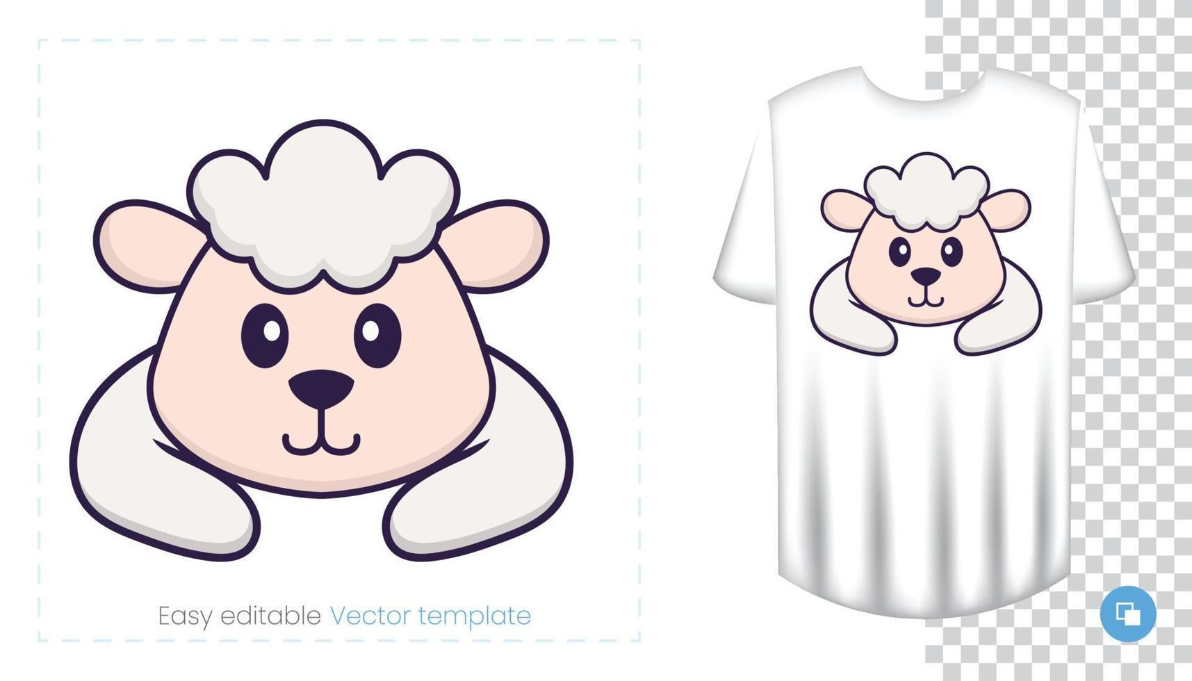 Cute sheep character. Prints on T-shirts, sweatshirts, cases for mobile phones, souvenirs. Isolated vector illustration on white background.