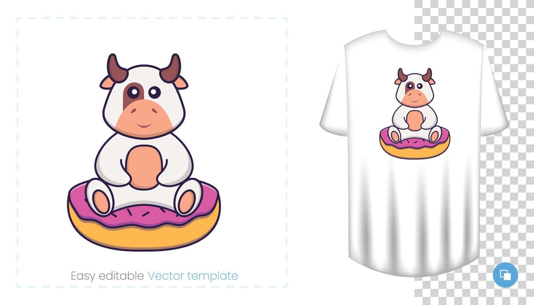 lindo personaje de vaca. estampados en camisetas, sudaderas, fundas para móviles, souvenirs. Ilustración de vector aislado sobre fondo blanco.